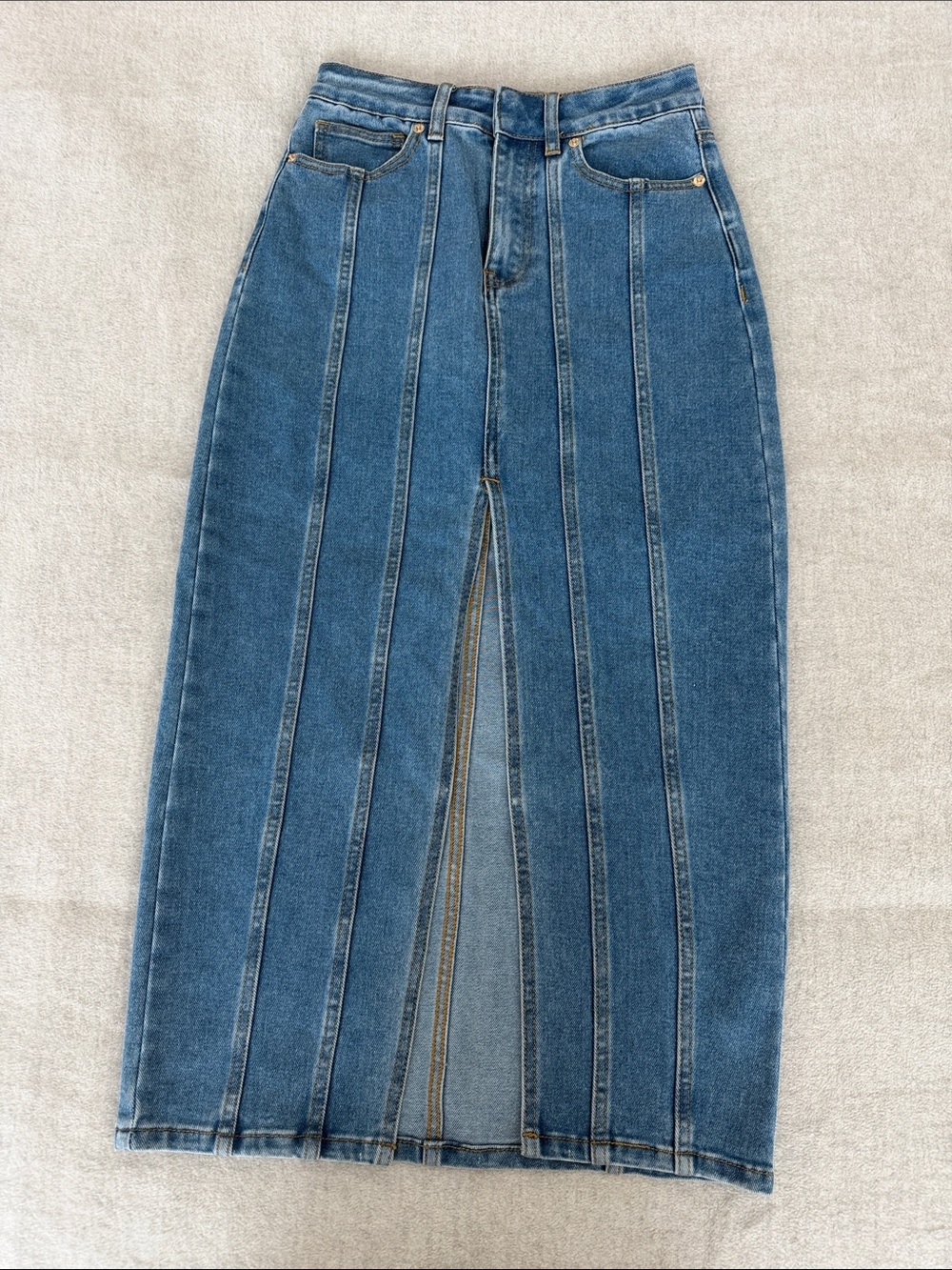 House of Harlow 1960 Striped Panel Midi Denim Skirt